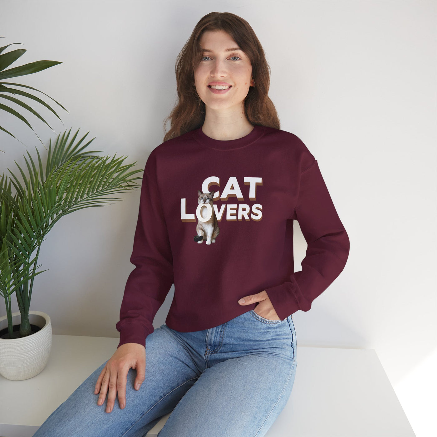 cat lovers cute kitten sweatshirt featuring a smiling model in a cozy crewneck with stylish cat graphics