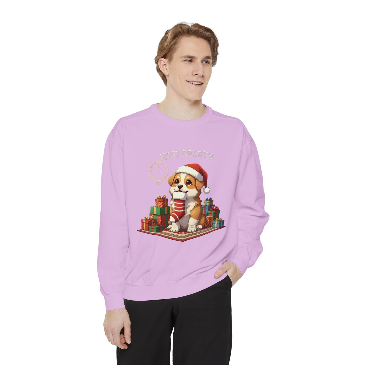 Cute Puppy waiting for Christmas presents style 1 Cozy Graphic Unisex Crewneck Sweatshirt