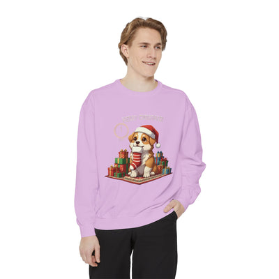 Cute Puppy waiting for Christmas presents style 1 Cozy Graphic Unisex Crewneck Sweatshirt