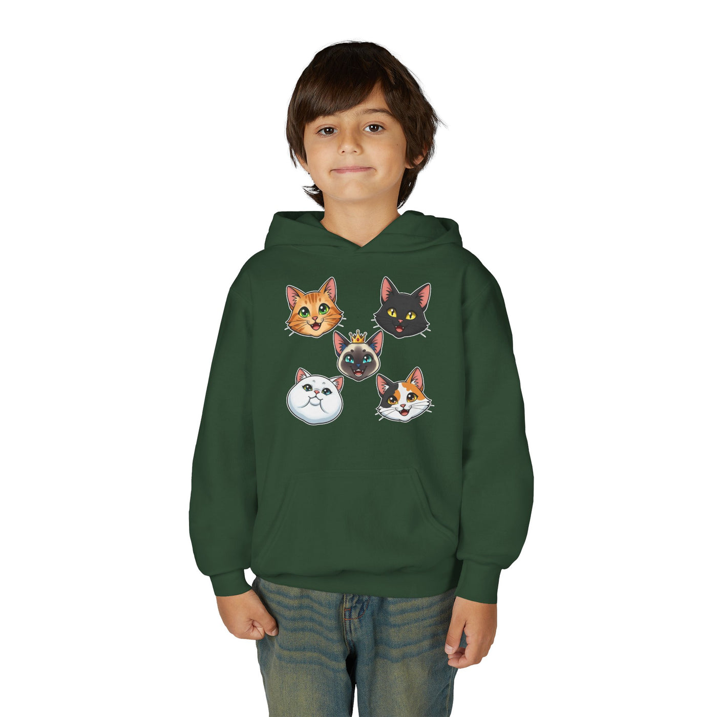 Cute Cat Heads Unisex Youth Hoodie, Fun Pet Lover Sweater, Kids Gift, Animal Lover Apparel, Perfect for Birthdays & Holidays