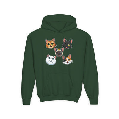 Cute Cat Heads Unisex Youth Hoodie, Fun Pet Lover Sweater, Kids Gift, Animal Lover Apparel, Perfect for Birthdays & Holidays