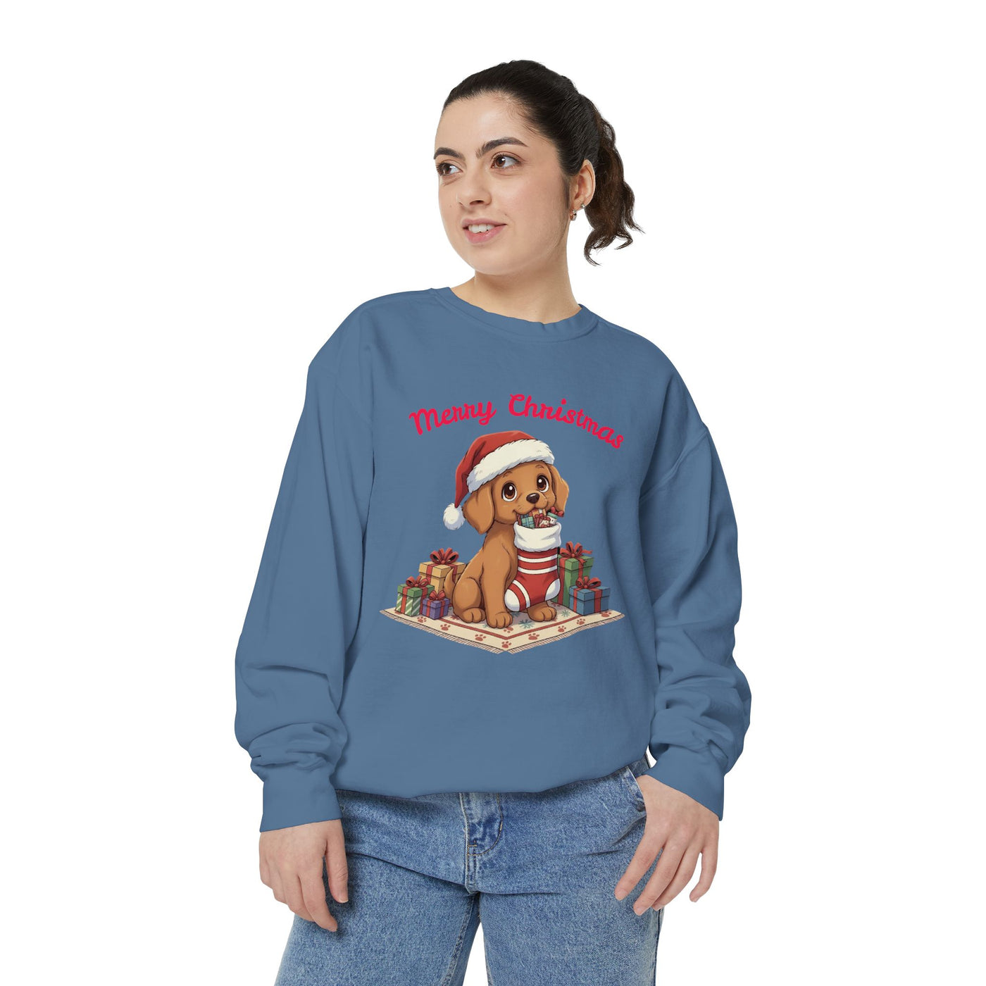 Cute Puppy waiting for Christmas presents style 2 Cozy Graphic Unisex Crewneck Sweatshirt
