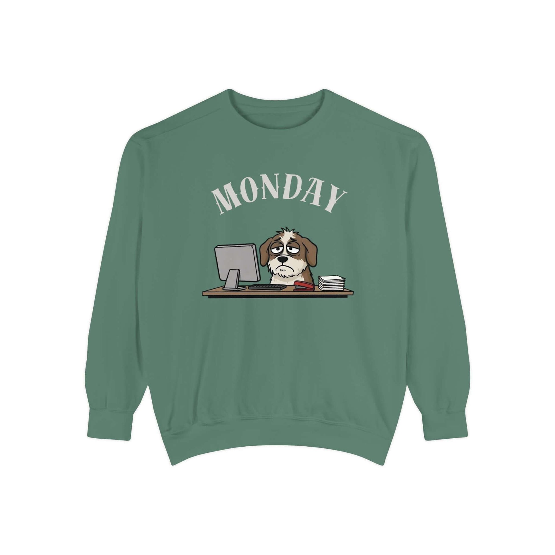 Monday Face Dog Stares Blankly Unisex Crewneck Sweatshirt featuring a dog under a 'MONDAY' banner.