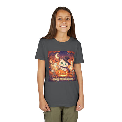 Halloween cute kitten anime style 6 Unisex Youth Tee | T-Shirt, Cute Pumpkin Shirt, Kids Halloween Outfit, Cat Lover Gift, Fun Fall Apparel