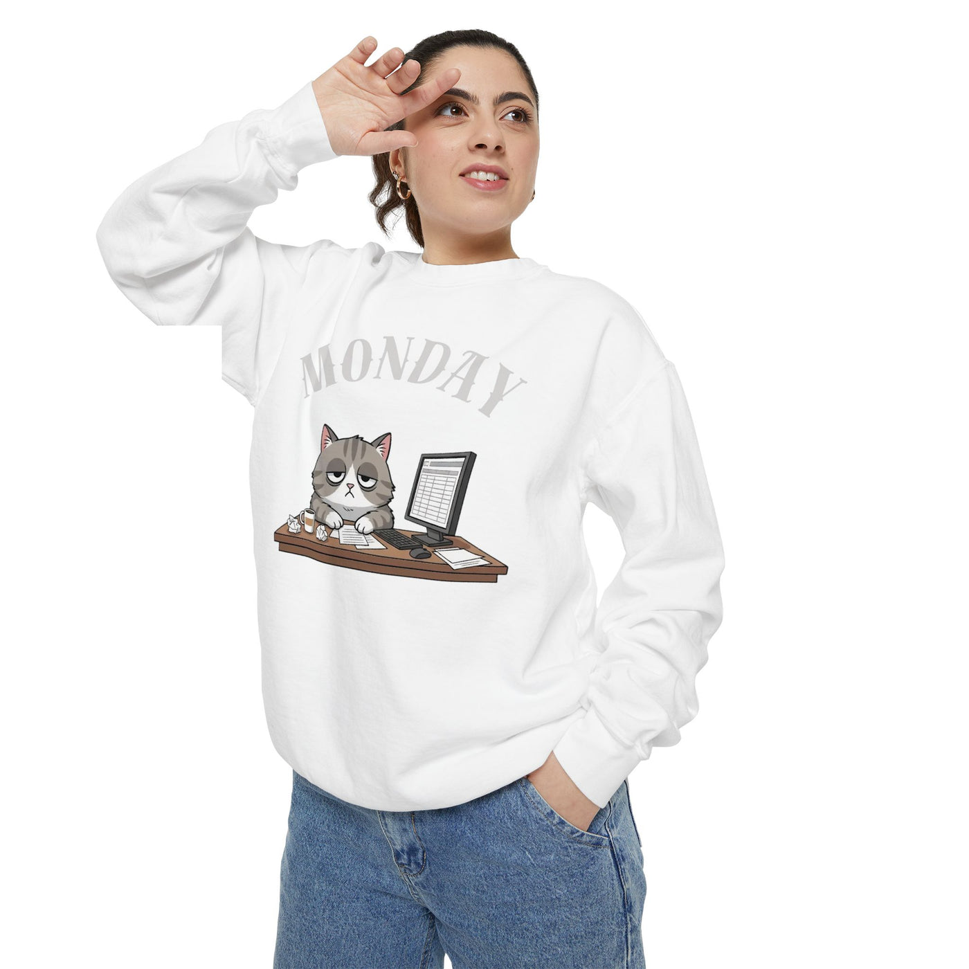 Monday Face Cat Stares Blankly Unisex Crewneck Sweatshirt style 5