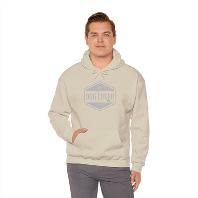 Dog Lover plus Slogan on Back Unisex Pullover Hoodie in beige with vintage badge on front
