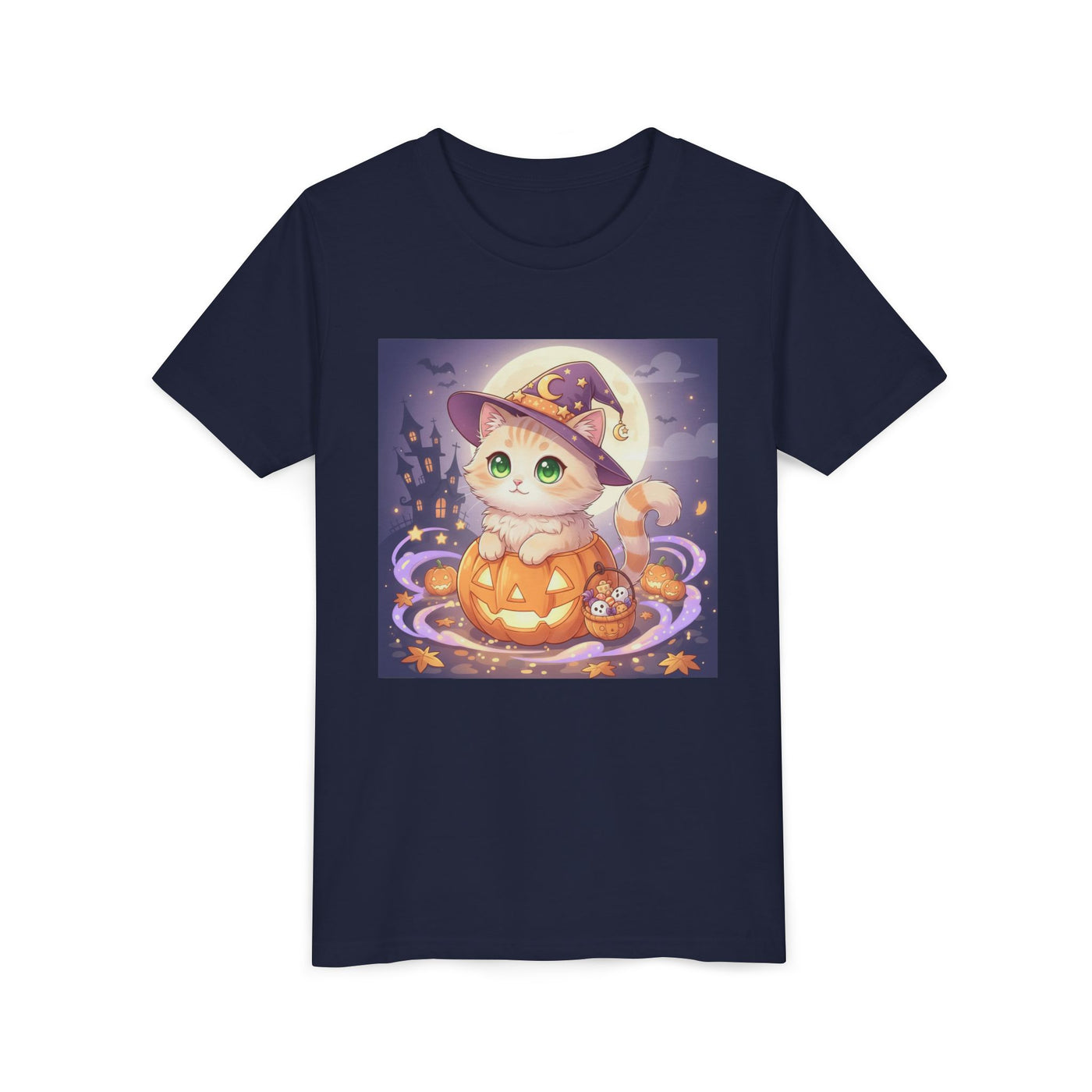 Halloween cute kitten anime style 4 Unisex Youth Tee | T-Shirt, Cute Pumpkin Shirt, Kids Halloween Outfit, Cat Lover Gift, Fun Fall Apparel