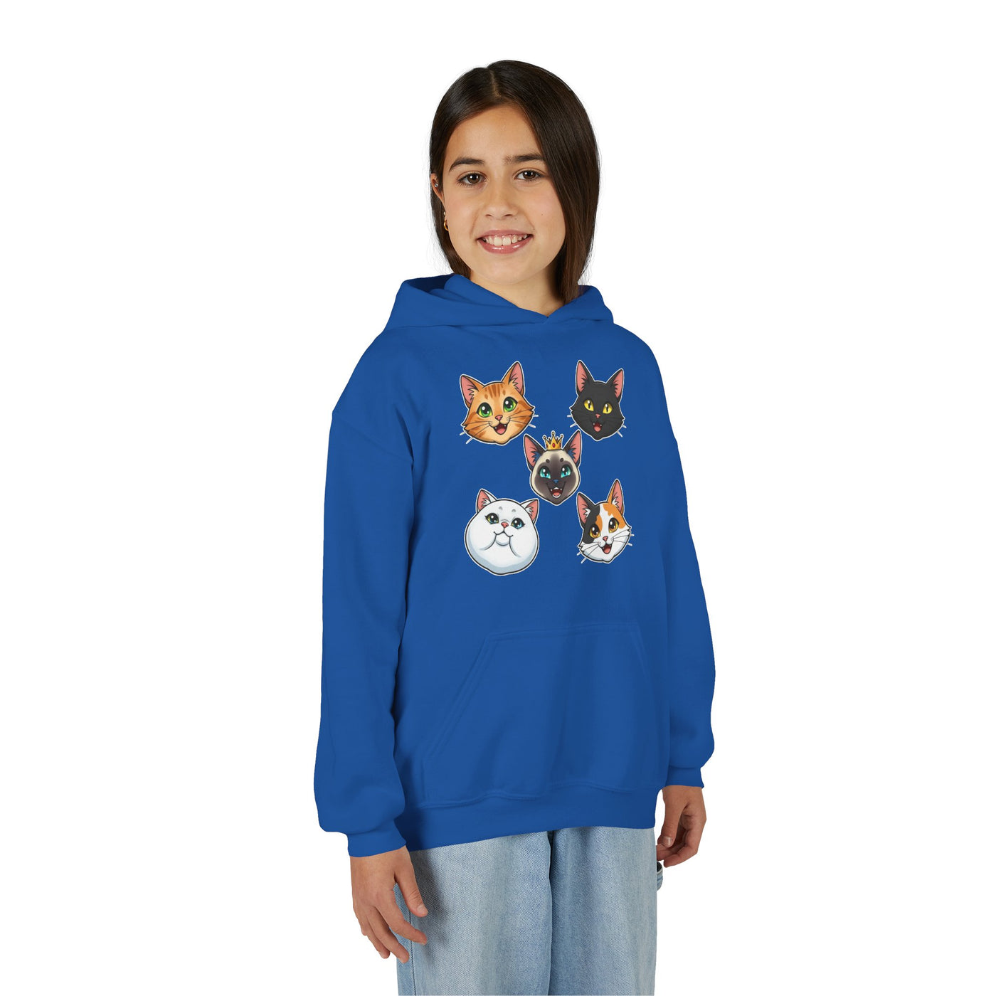 Cute Cat Heads Unisex Youth Hoodie, Fun Pet Lover Sweater, Kids Gift, Animal Lover Apparel, Perfect for Birthdays & Holidays
