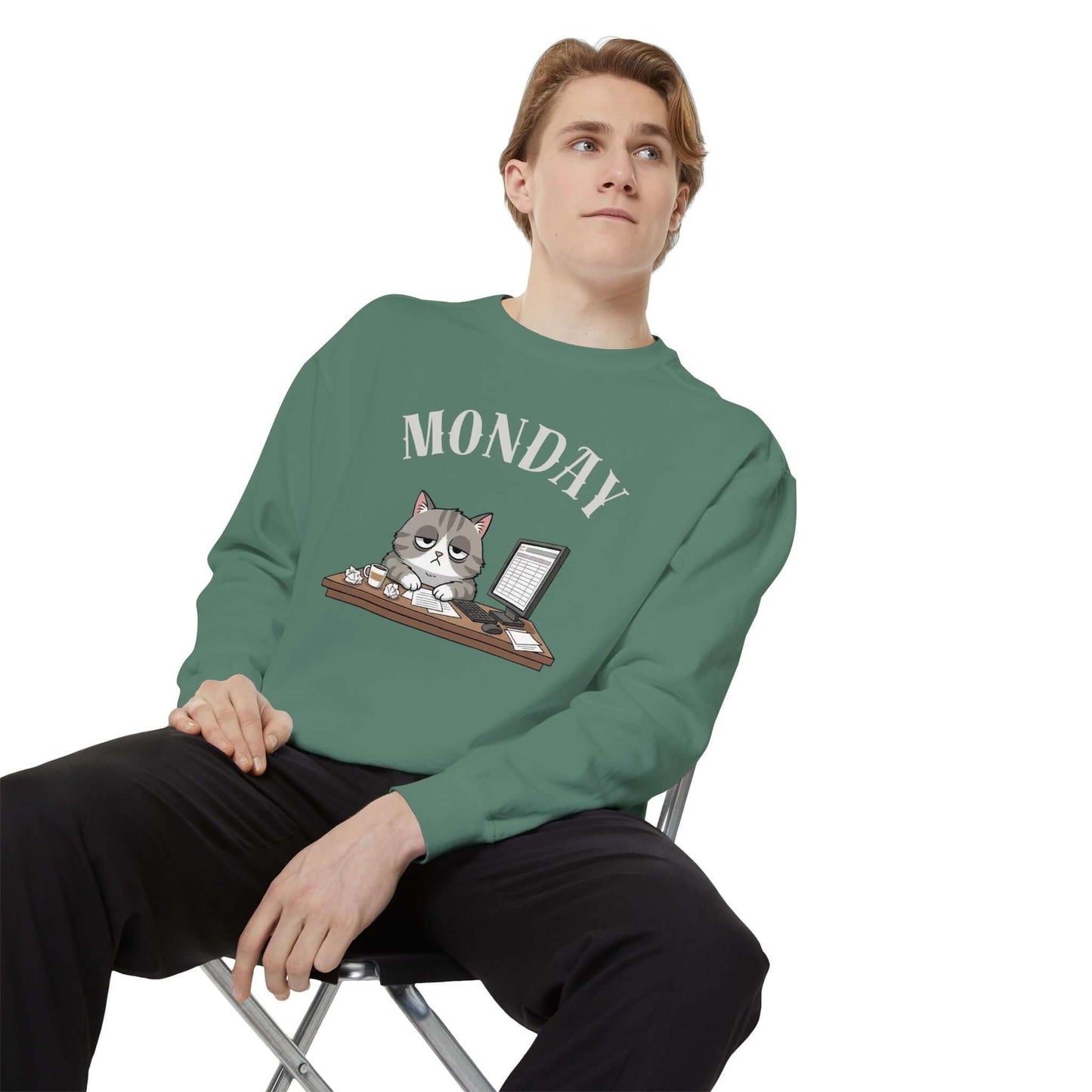 Monday Face Cat Stares Blankly Unisex Crewneck Sweatshirt style 5 worn by a person sitting on a chair.