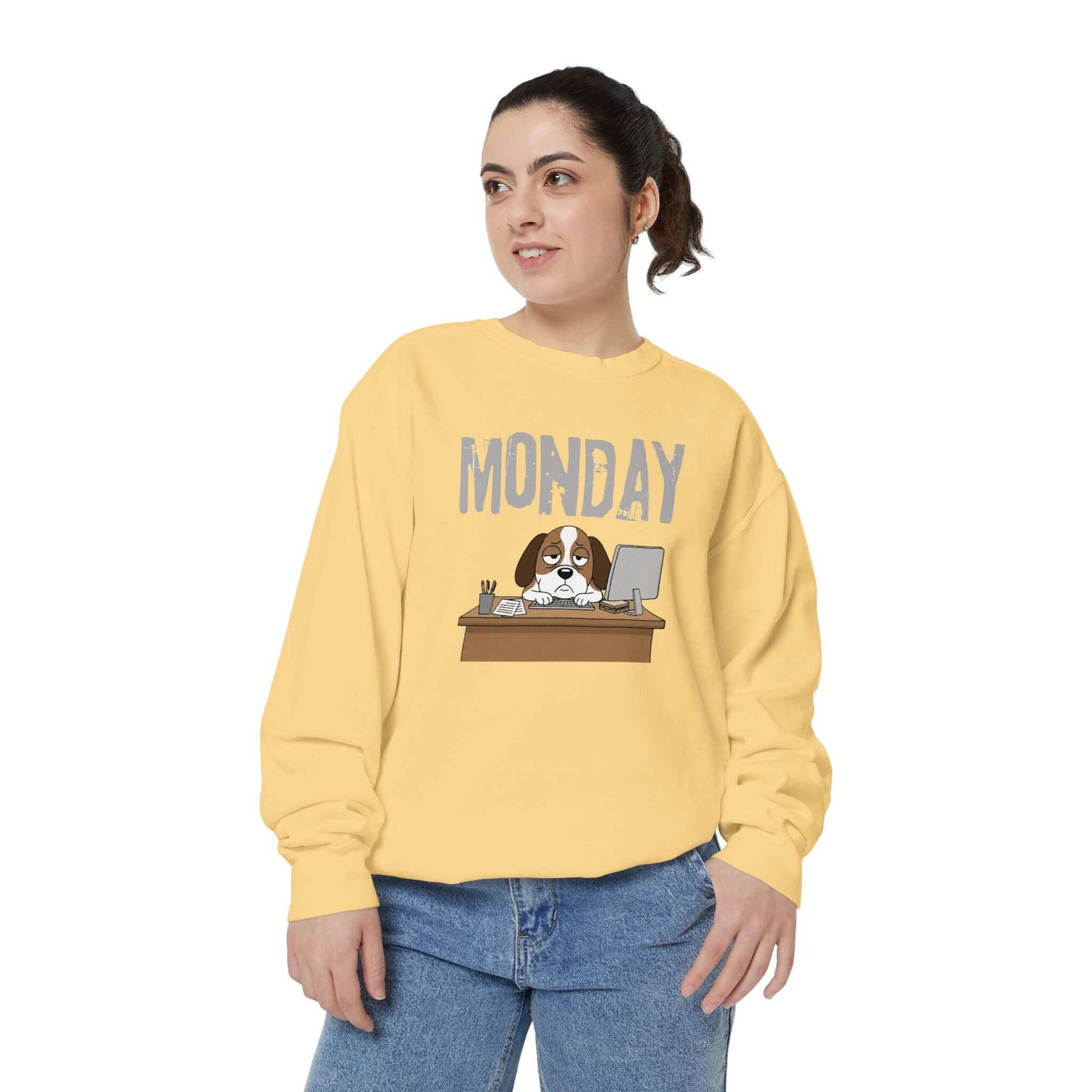Monday Face Dog Stares Blankly Unisex Crewneck Sweatshirt on a model wearing a yellow relaxed-fit sweatshirt.