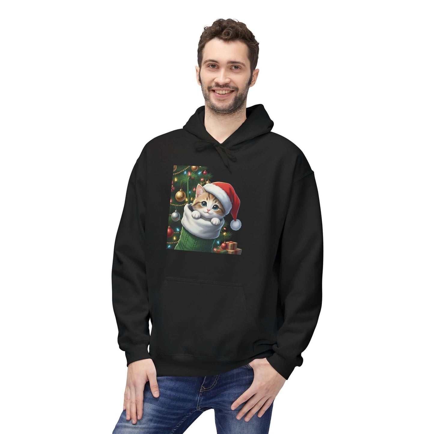 Kitten hiding in Christmas stocking Unisex Fleece Hoodie style 2