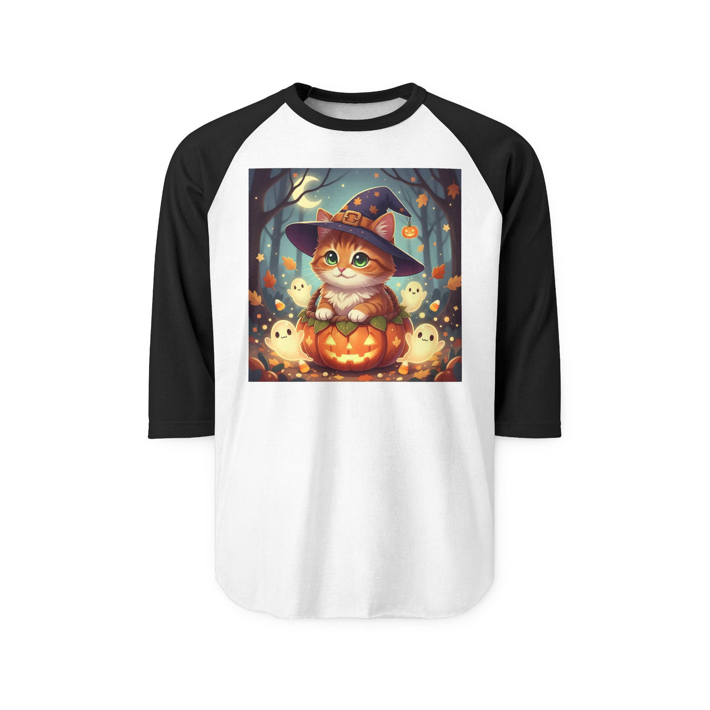 Halloween cute kitten anime style 3 Raglan Shirt, Unisex Halloween Top, Pumpkin Cat Shirt, Cute Cat Tee, Spooky Casual Wear