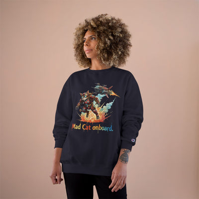 Mad Cat Onboard Graphic style 2 Champion Crewneck Sweatshirt for Gamers & Sci‑Fi Fans