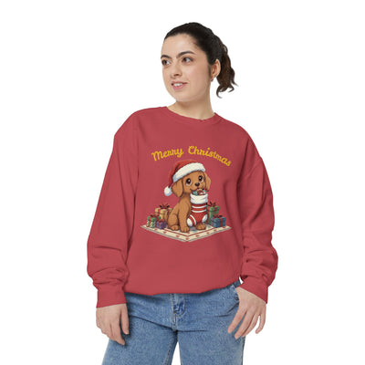 Cute Puppy waiting for Christmas presents style 2 Cozy Graphic Unisex Crewneck Sweatshirt