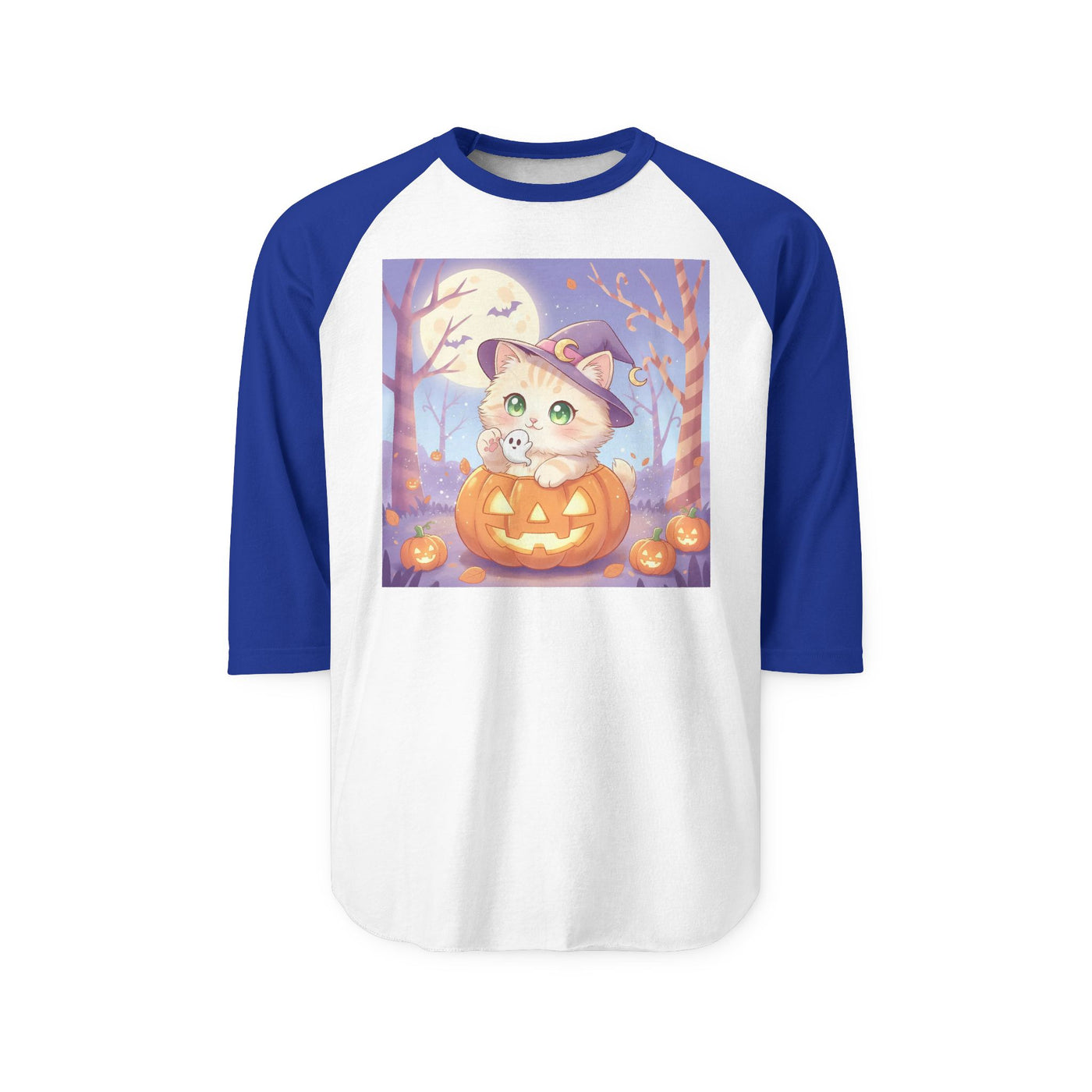 Halloween cute kitten anime style 1 Raglan Shirt, Unisex Halloween Top, Pumpkin Cat Shirt, Cute Cat Tee, Spooky Casual Wear