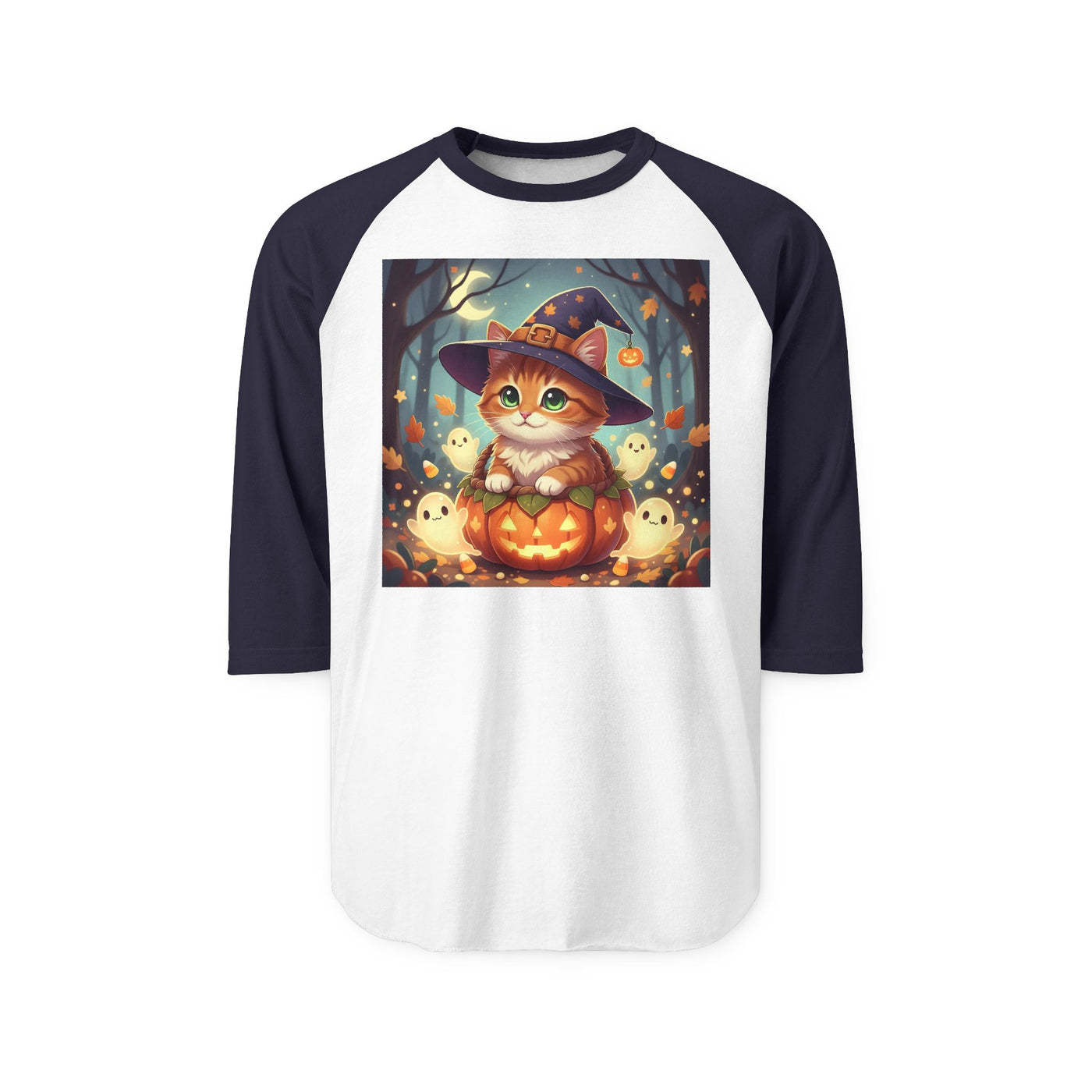 Halloween cute kitten anime style 3 Raglan Shirt, Unisex Halloween Top, Pumpkin Cat Shirt, Cute Cat Tee, Spooky Casual Wear