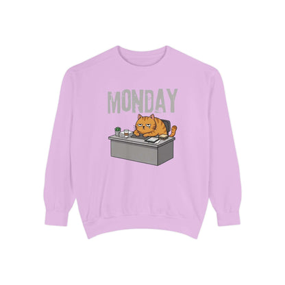 Monday Face Cat Stares Blankly Unisex Crewneck Sweatshirt in light pink with a grumpy cat under a "MONDAY" banner.
