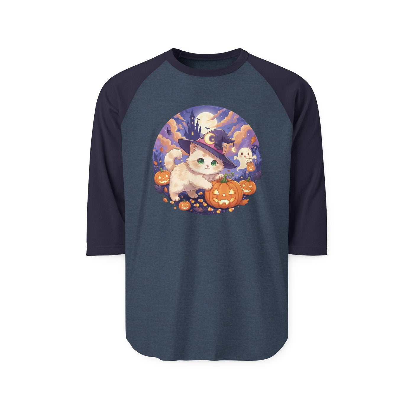 Halloween cute kitten anime style 5 Raglan Shirt, Unisex Halloween Top, Pumpkin Cat Shirt, Cute Cat Tee, Spooky Casual Wear