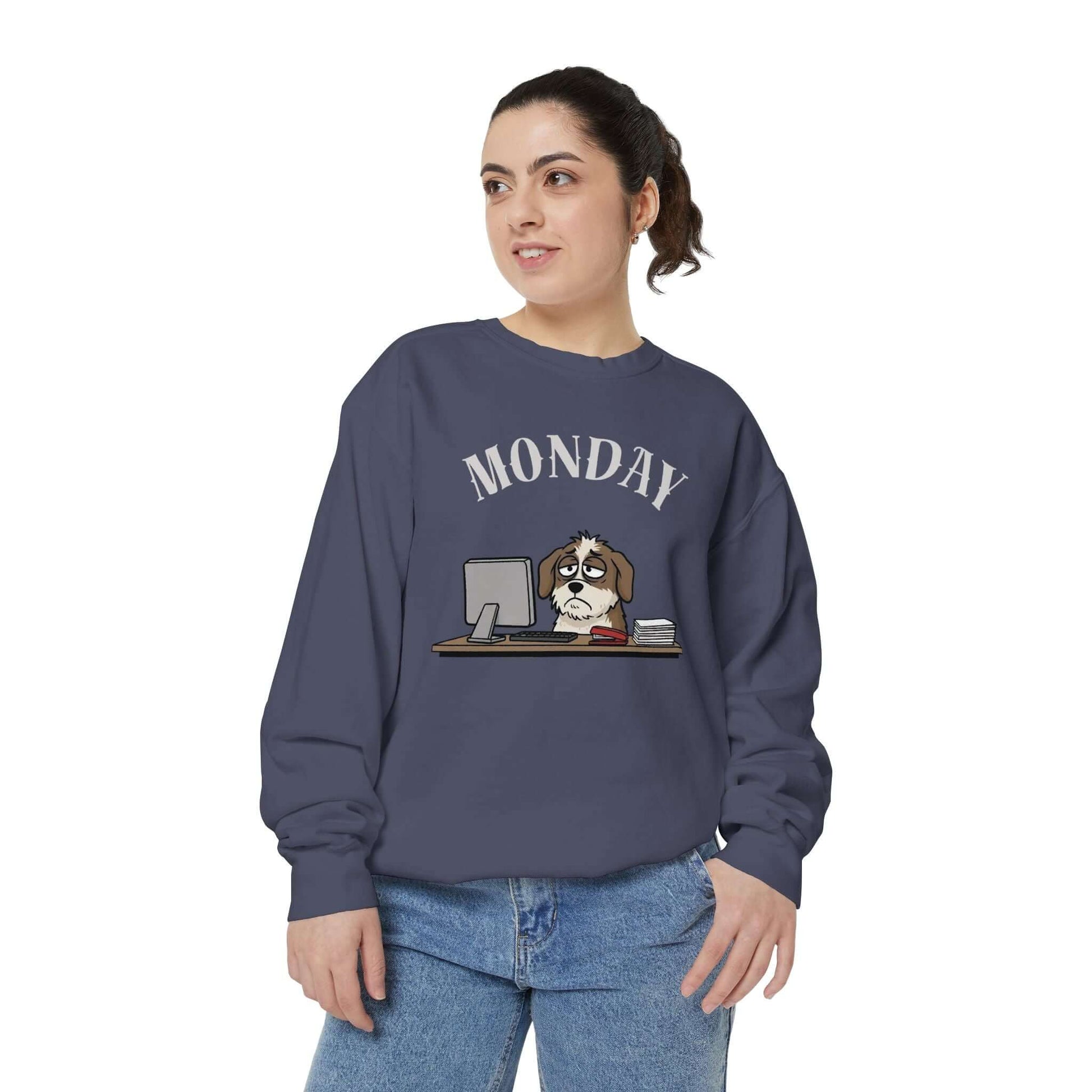 Monday Face Dog Stares Blankly Unisex Crewneck Sweatshirt featuring a dog with a computer.
