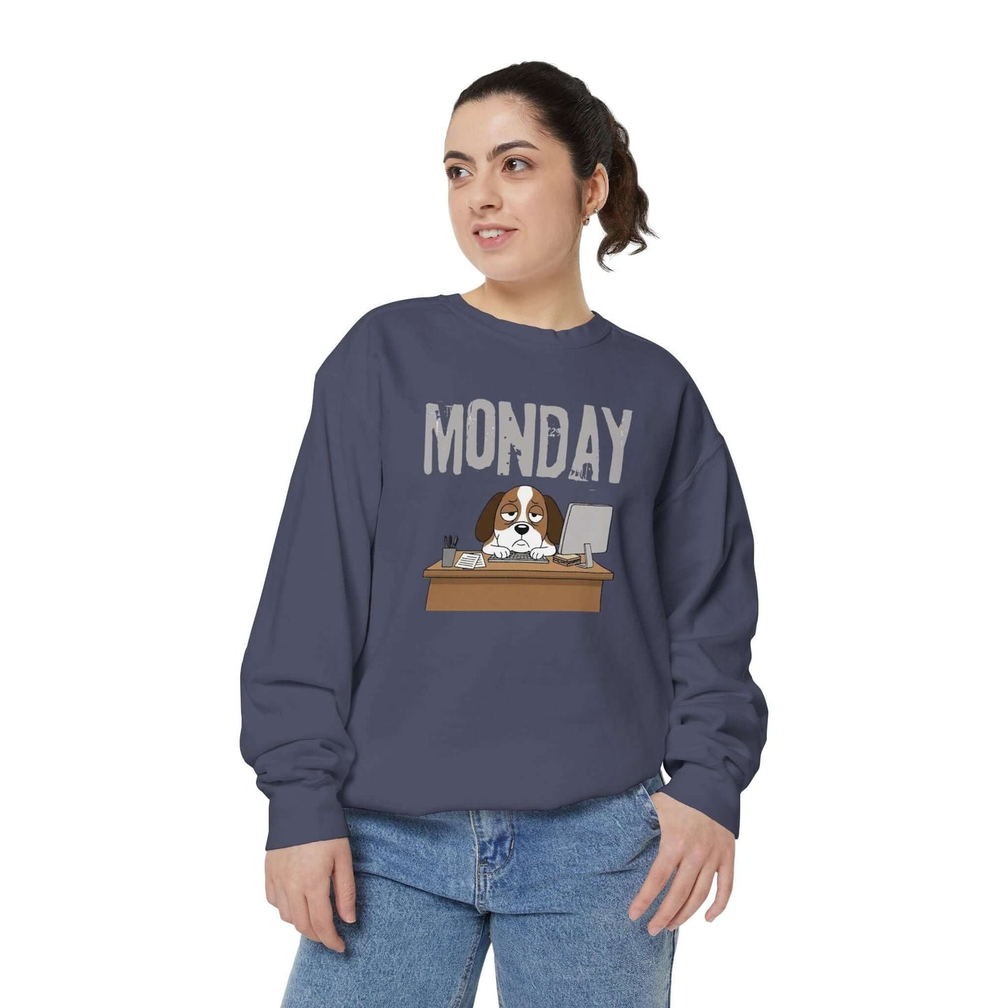 Monday Face Dog Stares Blankly Unisex Crewneck Sweatshirt styled with a cartoon dog and the word 'MONDAY'.