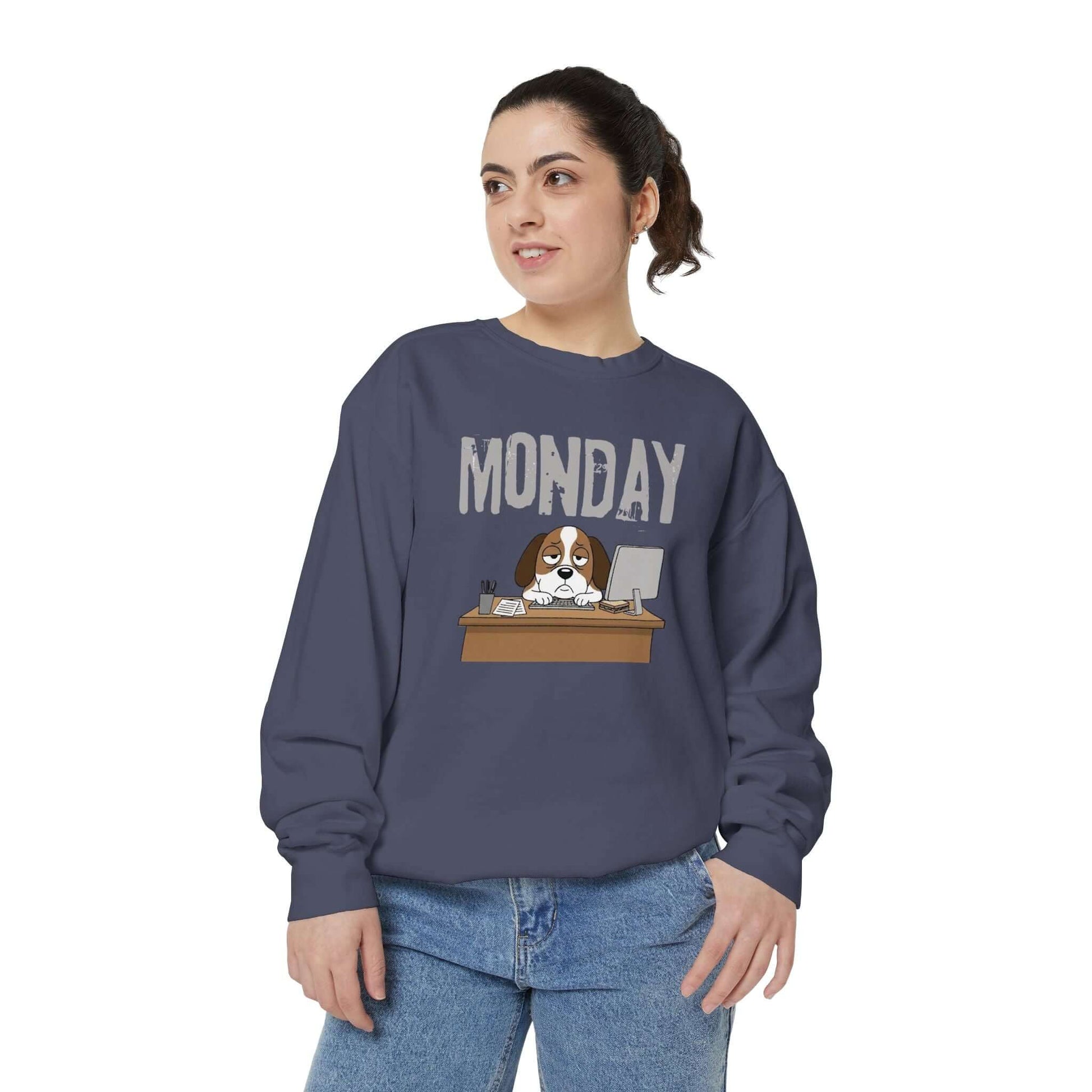 Monday Face Dog Stares Blankly Unisex Crewneck Sweatshirt styled with a cartoon dog and the word 'MONDAY'.