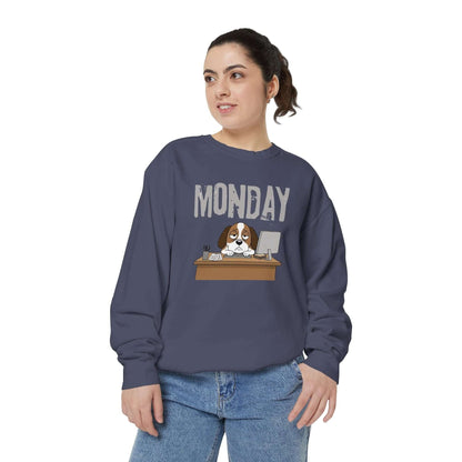Monday Face Dog Stares Blankly Unisex Crewneck Sweatshirt styled with a cartoon dog and the word 'MONDAY'.