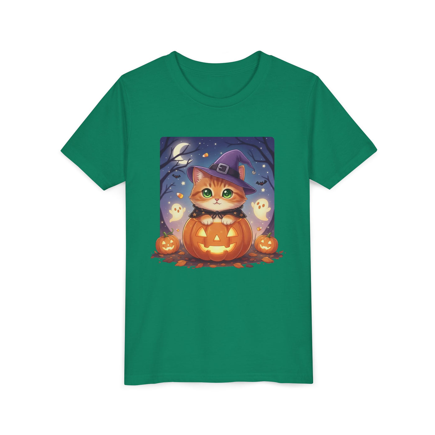 Halloween cute kitten anime style 7 Unisex Youth Tee | T-Shirt, Cute Pumpkin Shirt, Kids Halloween Outfit, Cat Lover Gift, Fun Fall Apparel