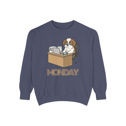 Monday Face Dog Stares Blankly Unisex Crewneck Sweatshirt with a dog sitting at a desk under a 'MONDAY' banner.