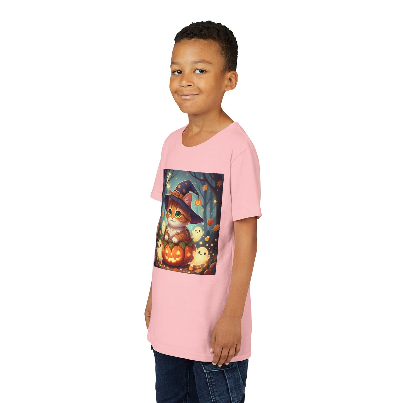 Halloween cute kitten anime style 3 Unisex Youth Tee | T-Shirt, Cute Pumpkin Shirt, Kids Halloween Outfit, Cat Lover Gift, Fun Fall Apparel