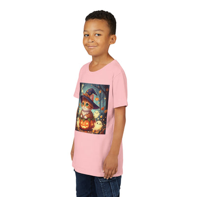 Halloween cute kitten anime style 3 Unisex Youth Tee | T-Shirt, Cute Pumpkin Shirt, Kids Halloween Outfit, Cat Lover Gift, Fun Fall Apparel