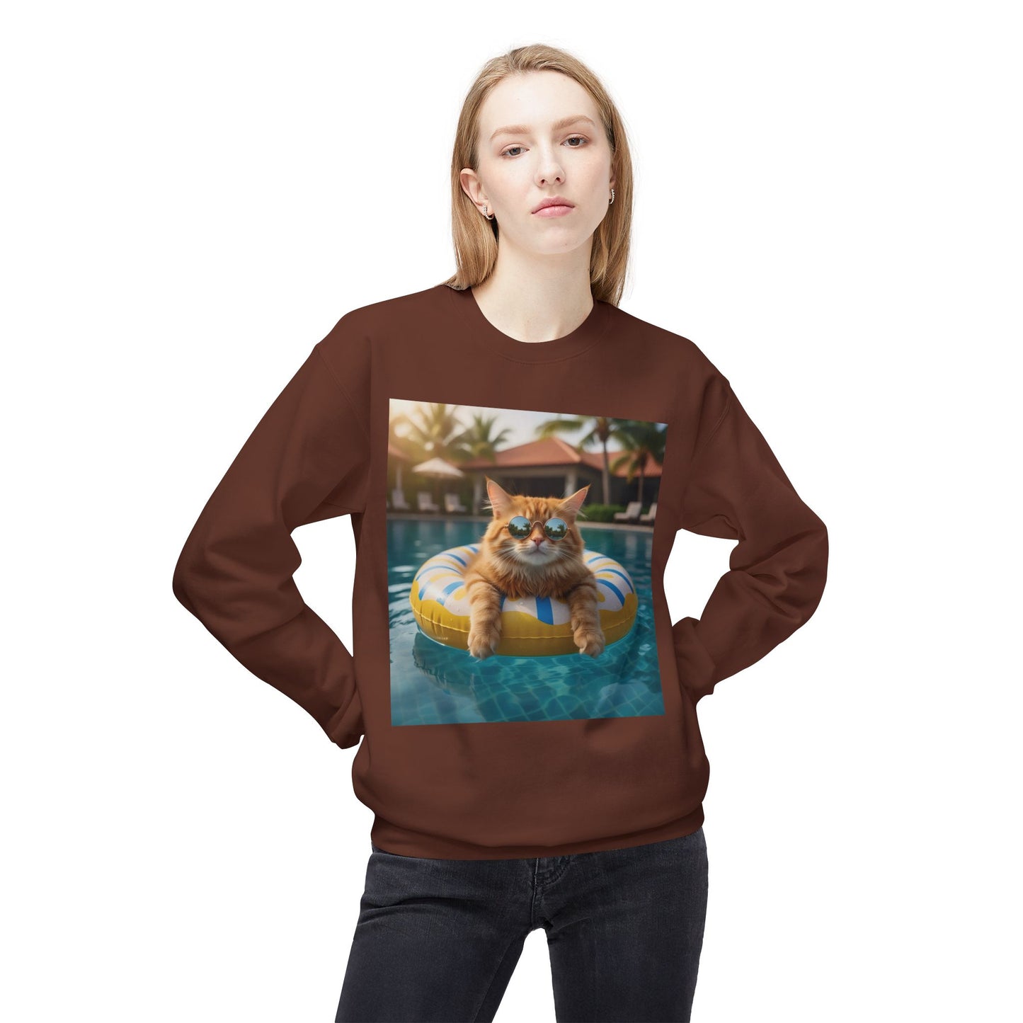 Swimming Pool Vibes Graphic Cat Unisex Crewneck Sweatshirt