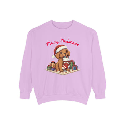 Cute Puppy waiting for Christmas presents style 2 Cozy Graphic Unisex Crewneck Sweatshirt