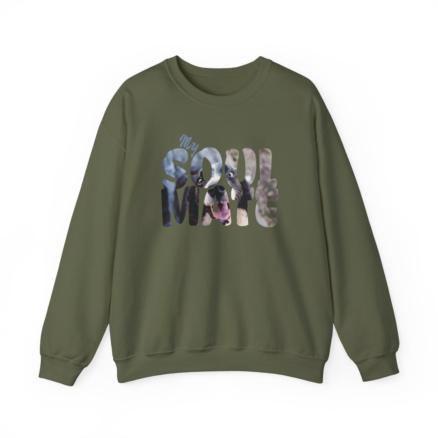 Dog My Soulmate Unisex Crewneck Sweatshirt featuring soft fabric and floral design with bold lettering.