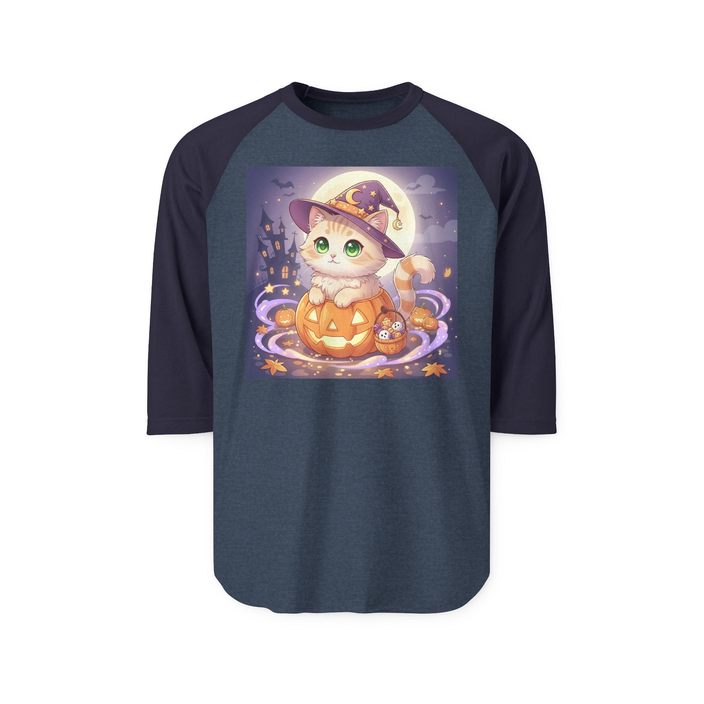 Halloween cute kitten anime style 4 Raglan Shirt, Unisex Halloween Top, Pumpkin Cat Shirt, Cute Cat Tee, Spooky Casual Wear