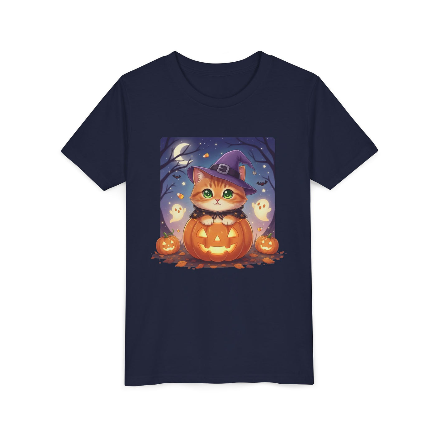 Halloween cute kitten anime style 7 Unisex Youth Tee | T-Shirt, Cute Pumpkin Shirt, Kids Halloween Outfit, Cat Lover Gift, Fun Fall Apparel
