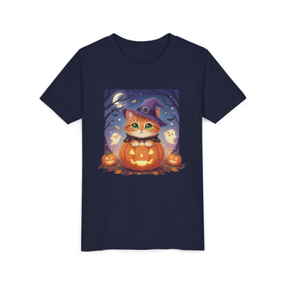 Halloween cute kitten anime style 7 Unisex Youth Tee | T-Shirt, Cute Pumpkin Shirt, Kids Halloween Outfit, Cat Lover Gift, Fun Fall Apparel