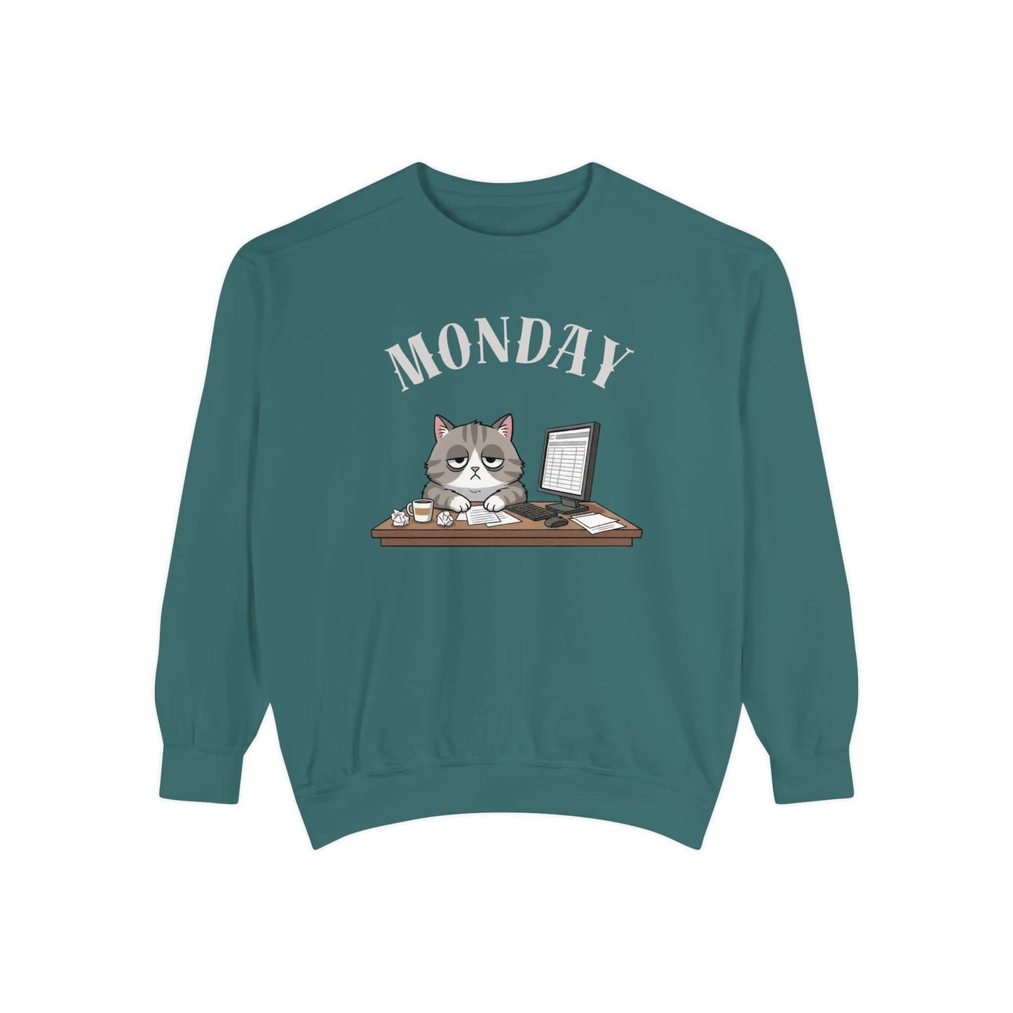 Monday Face Cat Stares Blankly Unisex Crewneck Sweatshirt with cat at desk under 'MONDAY' banner.