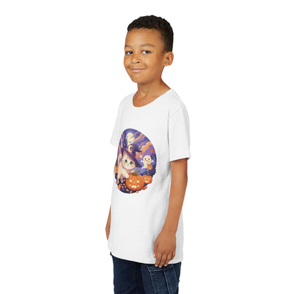 Halloween cute kitten anime style 5 Unisex Youth Tee | T-Shirt, Cute Pumpkin Shirt, Kids Halloween Outfit, Cat Lover Gift, Fun Fall Apparel