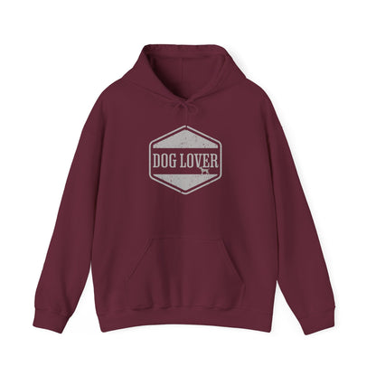 Dog Lover plus Slogan on Back Unisex Pullover Hoodie in burgundy with a vintage-style badge on the front.