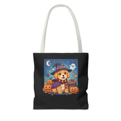 Adorable Halloween Puppy anime style Tote Bag, Pumpkin Lover Gift, Cute Dog Design, Witch Theme, Eco-Friendly Shopping Bag