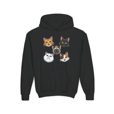 Cute Cat Heads Unisex Youth Hoodie, Fun Pet Lover Sweater, Kids Gift, Animal Lover Apparel, Perfect for Birthdays & Holidays