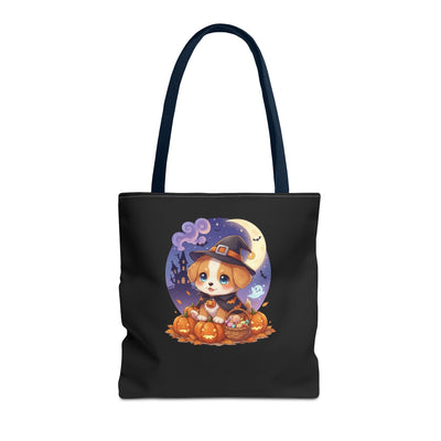 Adorable Halloween Puppy anime style Tote Bag, Pumpkin Lover Gift, Cute Dog Design, Witch Theme, Eco-Friendly Shopping Bag