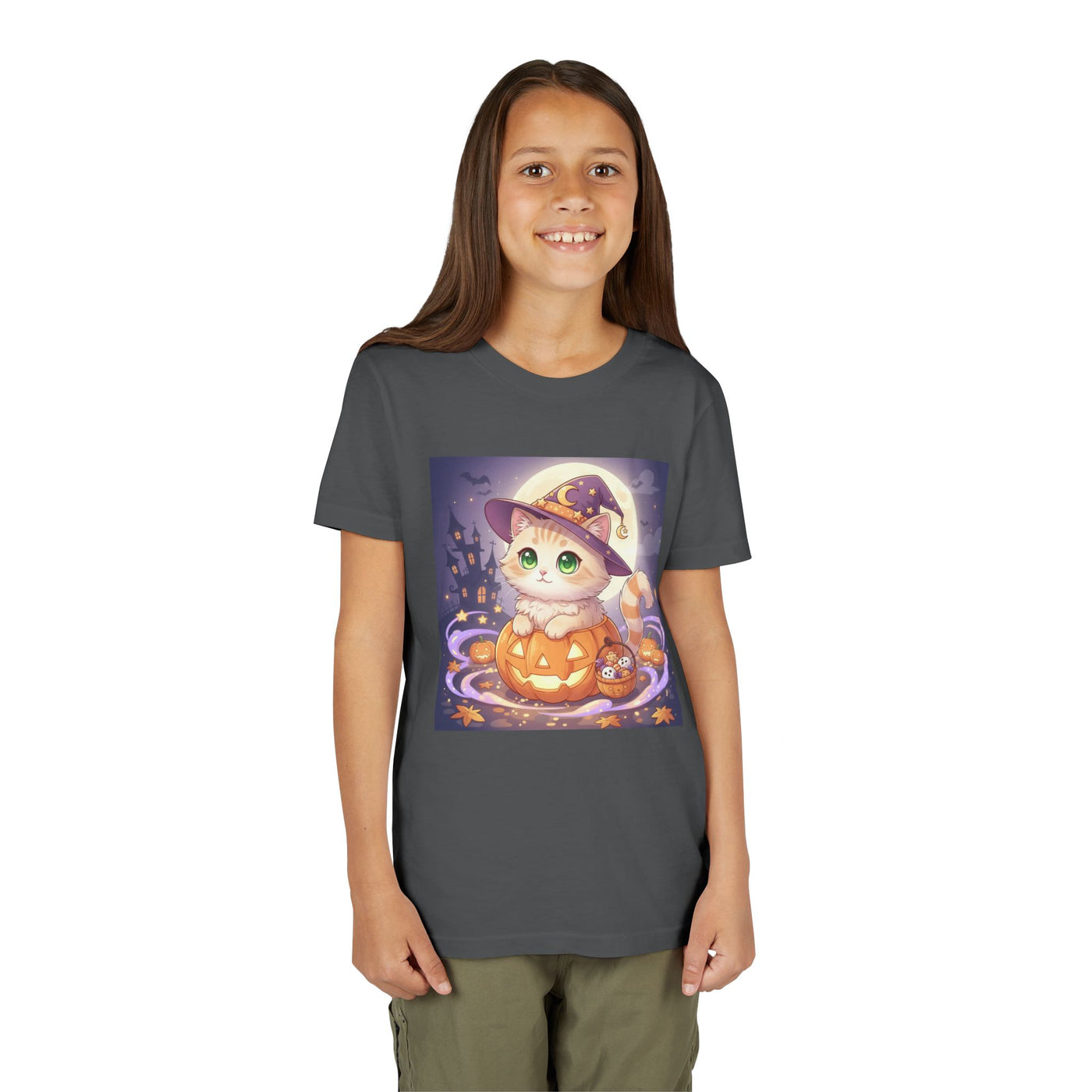 Halloween cute kitten anime style 4 Unisex Youth Tee | T-Shirt, Cute Pumpkin Shirt, Kids Halloween Outfit, Cat Lover Gift, Fun Fall Apparel