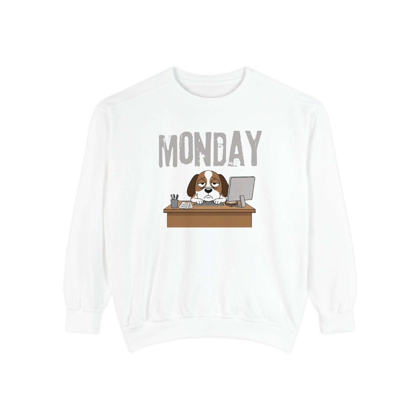 Monday Face Dog Stares Blankly Unisex Crewneck Sweatshirt with a dog at a desk under a "MONDAY" banner.
