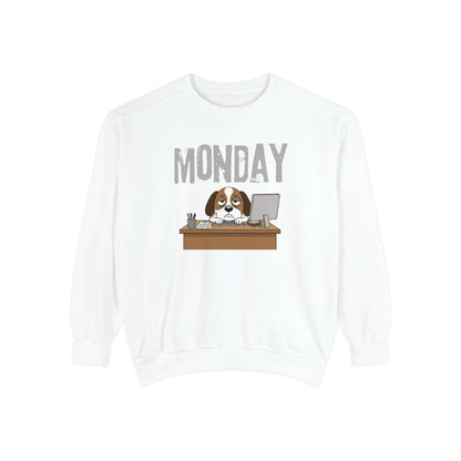 Monday Face Dog Stares Blankly Unisex Crewneck Sweatshirt with a dog at a desk under a "MONDAY" banner.
