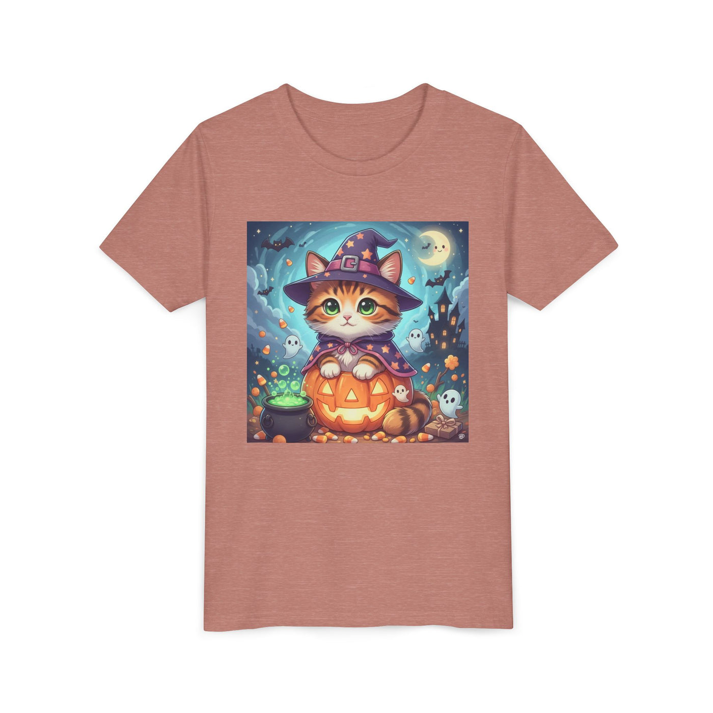 Halloween cute kitten anime style 2 Unisex Youth Tee | T-Shirt, Cute Pumpkin Shirt, Kids Halloween Outfit, Cat Lover Gift, Fun Fall Apparel