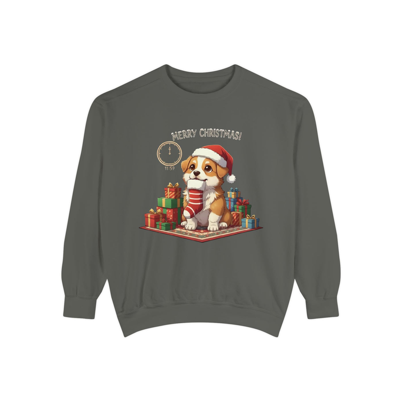 Cute Puppy waiting for Christmas presents style 1 Cozy Graphic Unisex Crewneck Sweatshirt