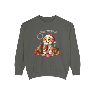 Cute Puppy waiting for Christmas presents style 1 Cozy Graphic Unisex Crewneck Sweatshirt