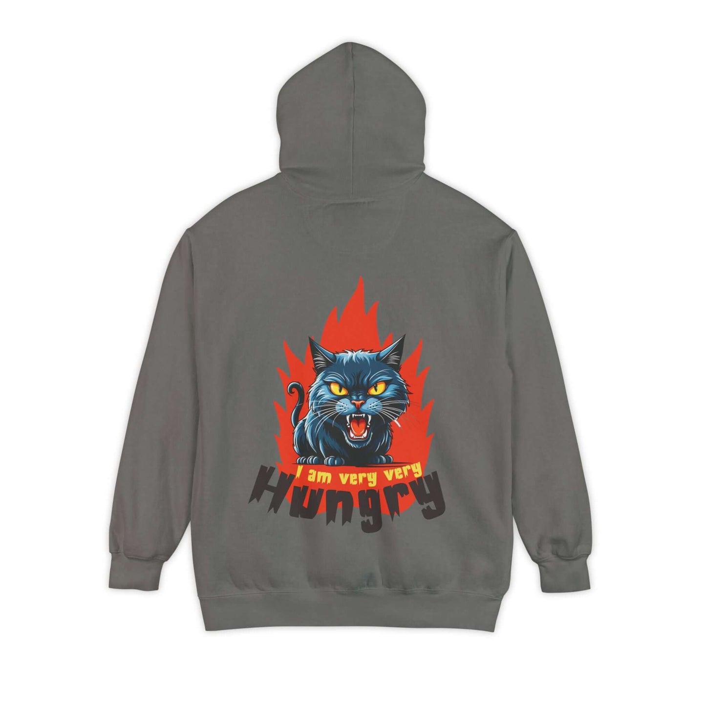 I am very very Hungry - Cartoon Cat Unisex Pullover Hoodie featuring a snarling cat design with flames.