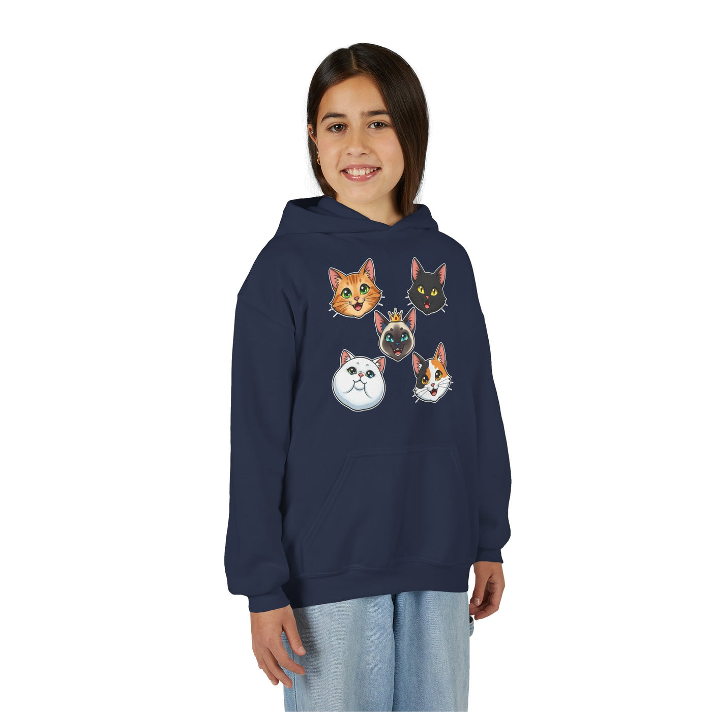 Cute Cat Heads Unisex Youth Hoodie, Fun Pet Lover Sweater, Kids Gift, Animal Lover Apparel, Perfect for Birthdays & Holidays